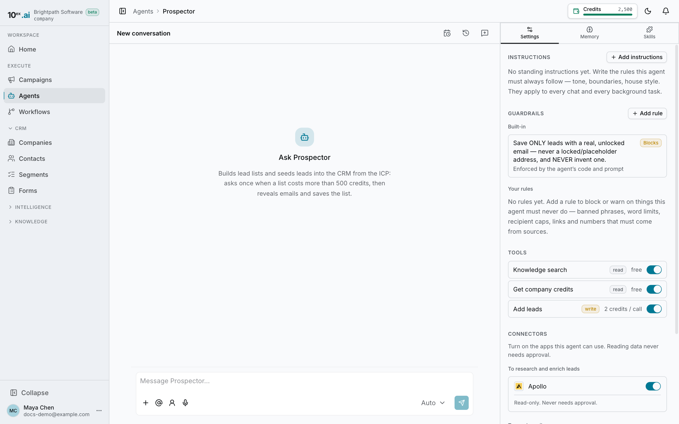 An agent page with a chat and its settings