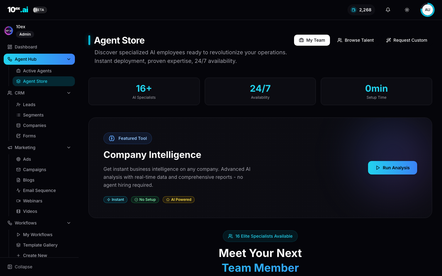 Agent Store grid showing 16 named AI specialist cards inside the 10ex product