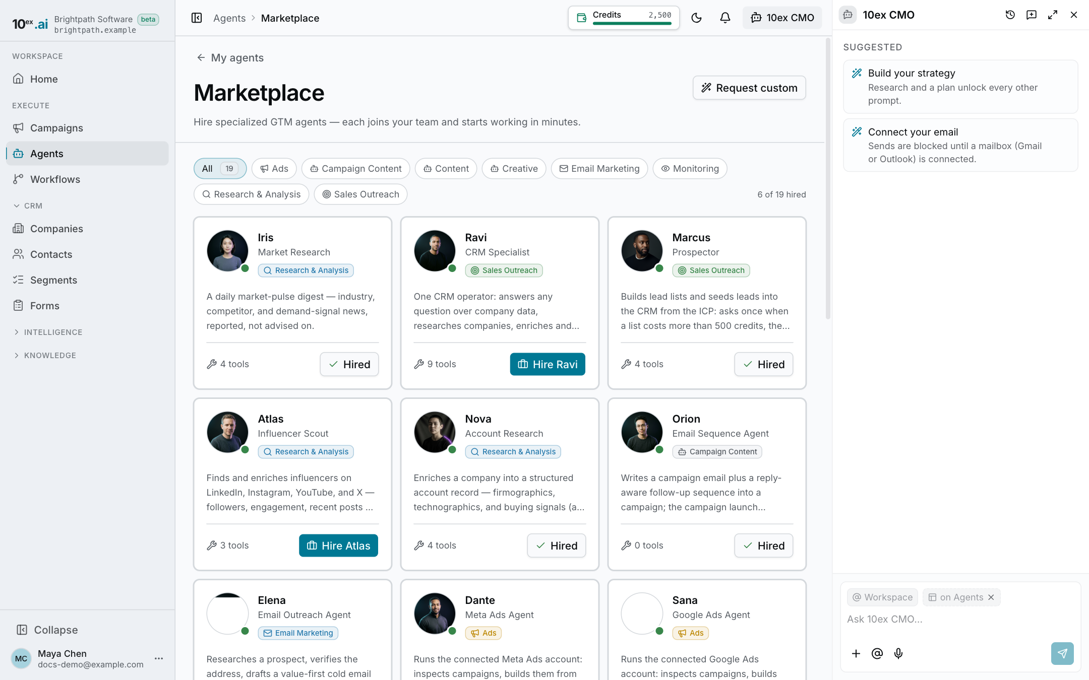 The agent Marketplace with 19 agents grouped by category