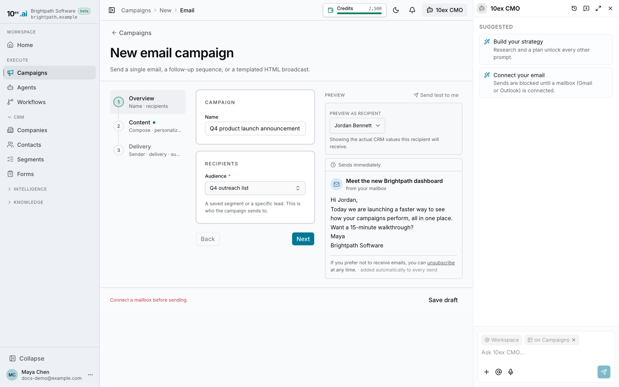 The email campaign form with the audience picker and a live preview