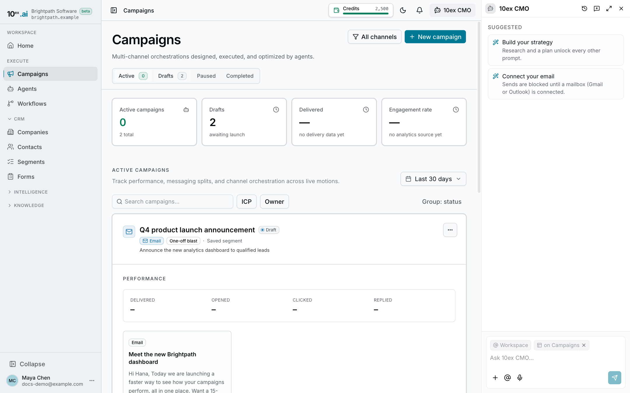 The Campaigns page with status tabs and a draft email campaign