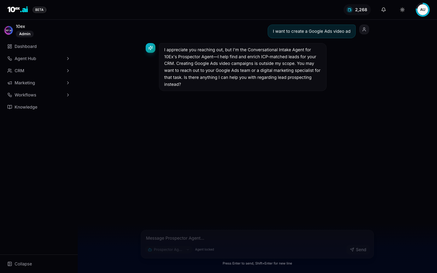 Unified Chat with a session locked to Prospector Agent showing user message and Conversational Intake reply