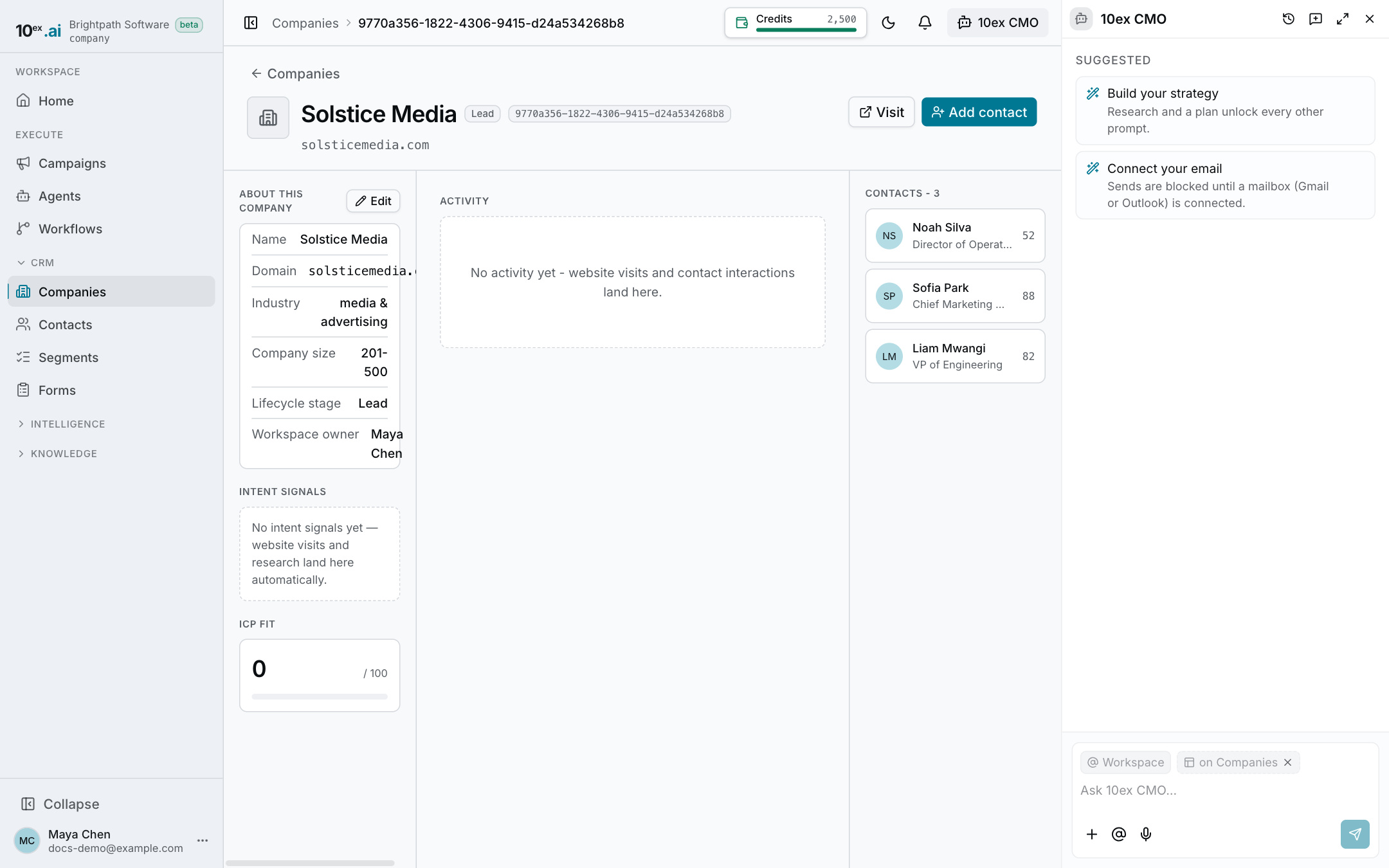 A company page with its contacts, activity and intent signals