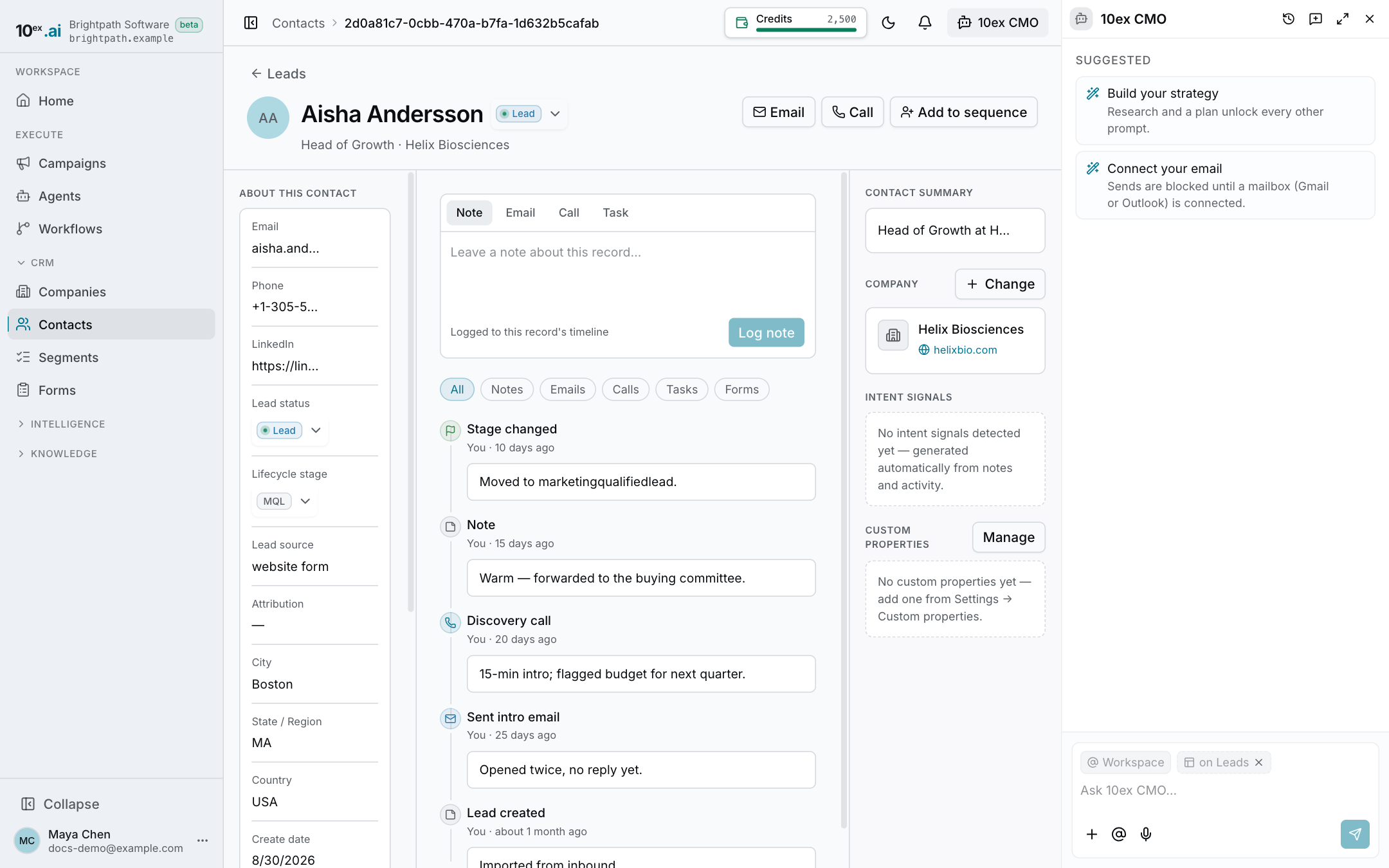 A contact page with details, a note box and a timeline