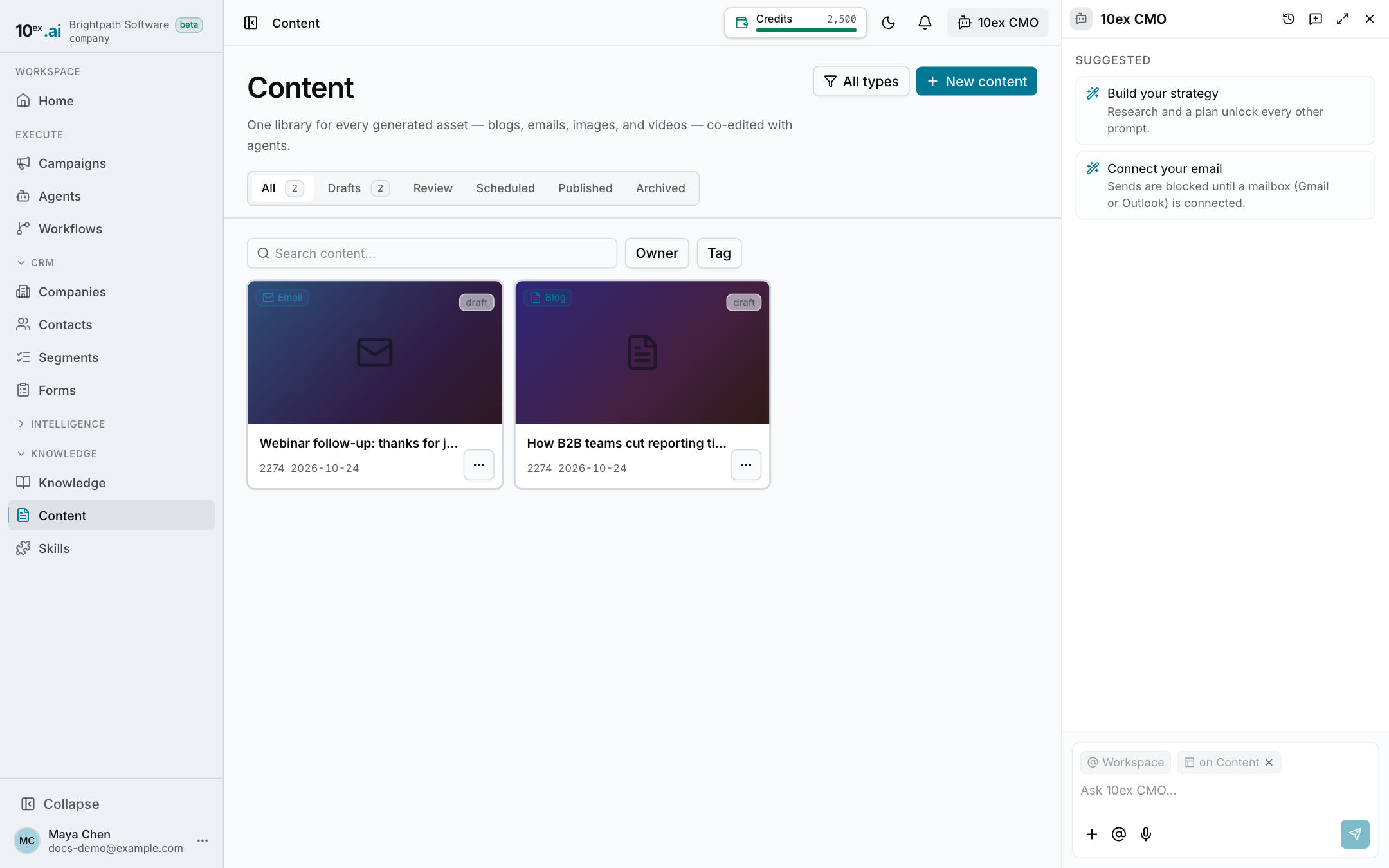 The Content library with a blog post and an email draft