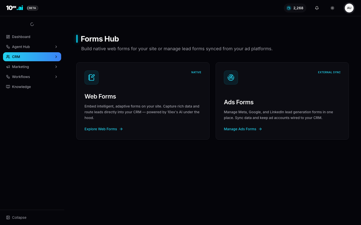 Forms Hub with two cards: Native Web Forms and External Sync Ads Forms