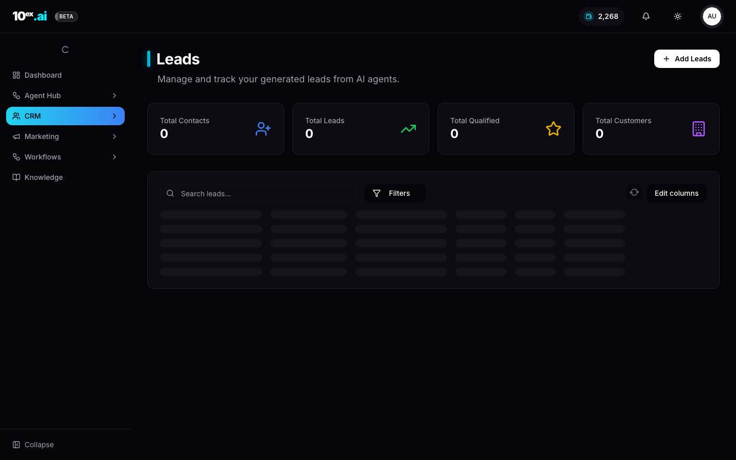 CRM Leads page with counters and an empty table, Add Leads dropdown showing New Lead and Import Leads