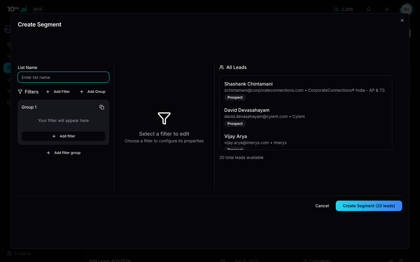 Create Segment dialog with List Name, Filters, Add Filter, Add Group, and a live All Leads preview showing 20 leads