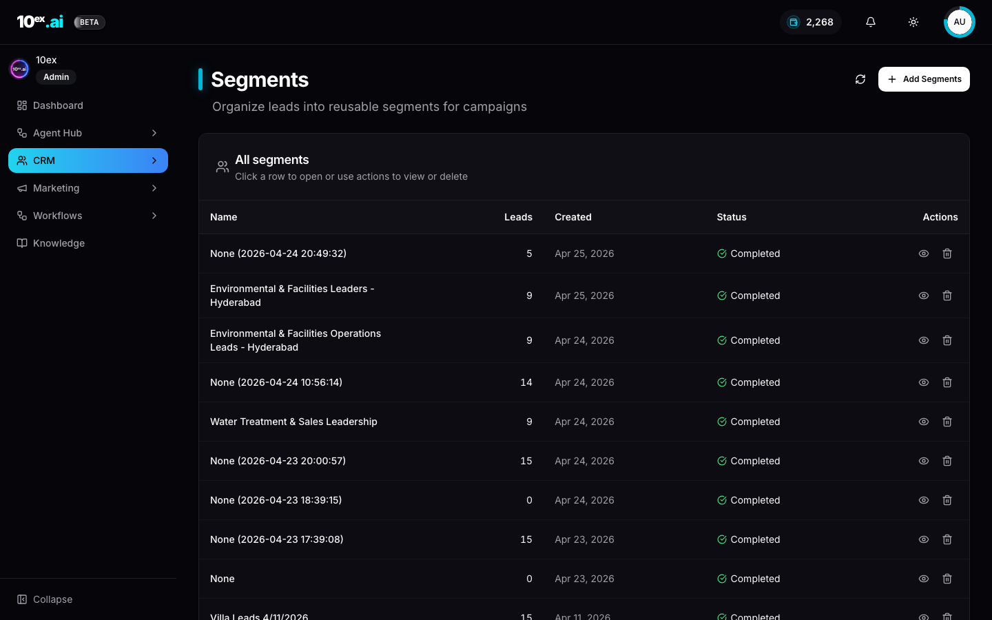 Segments page with table showing segments by name, lead count, created date, status