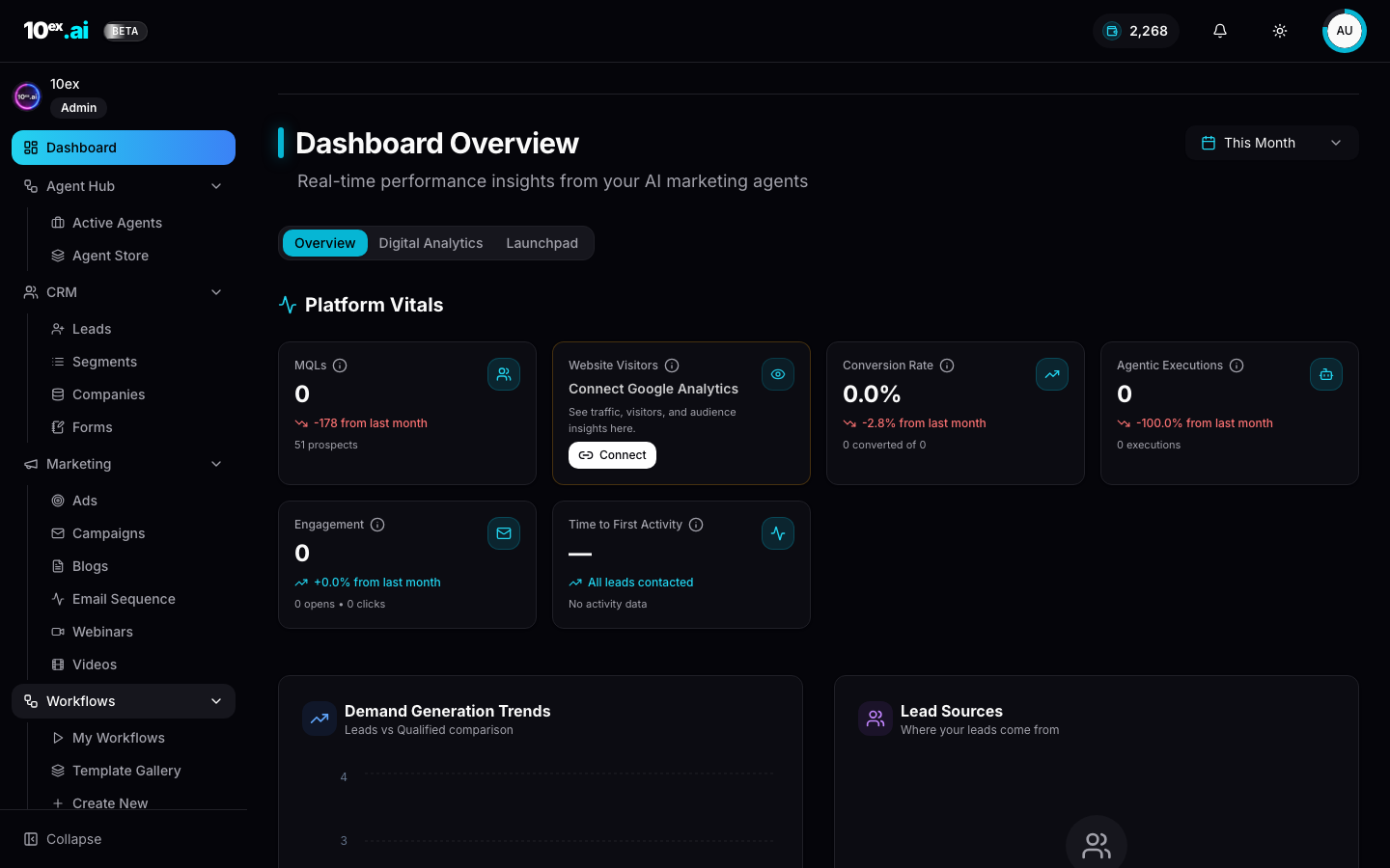 10ex dashboard sidebar showing Dashboard, Agent Hub, CRM, Marketing, Workflows, and Knowledge sections