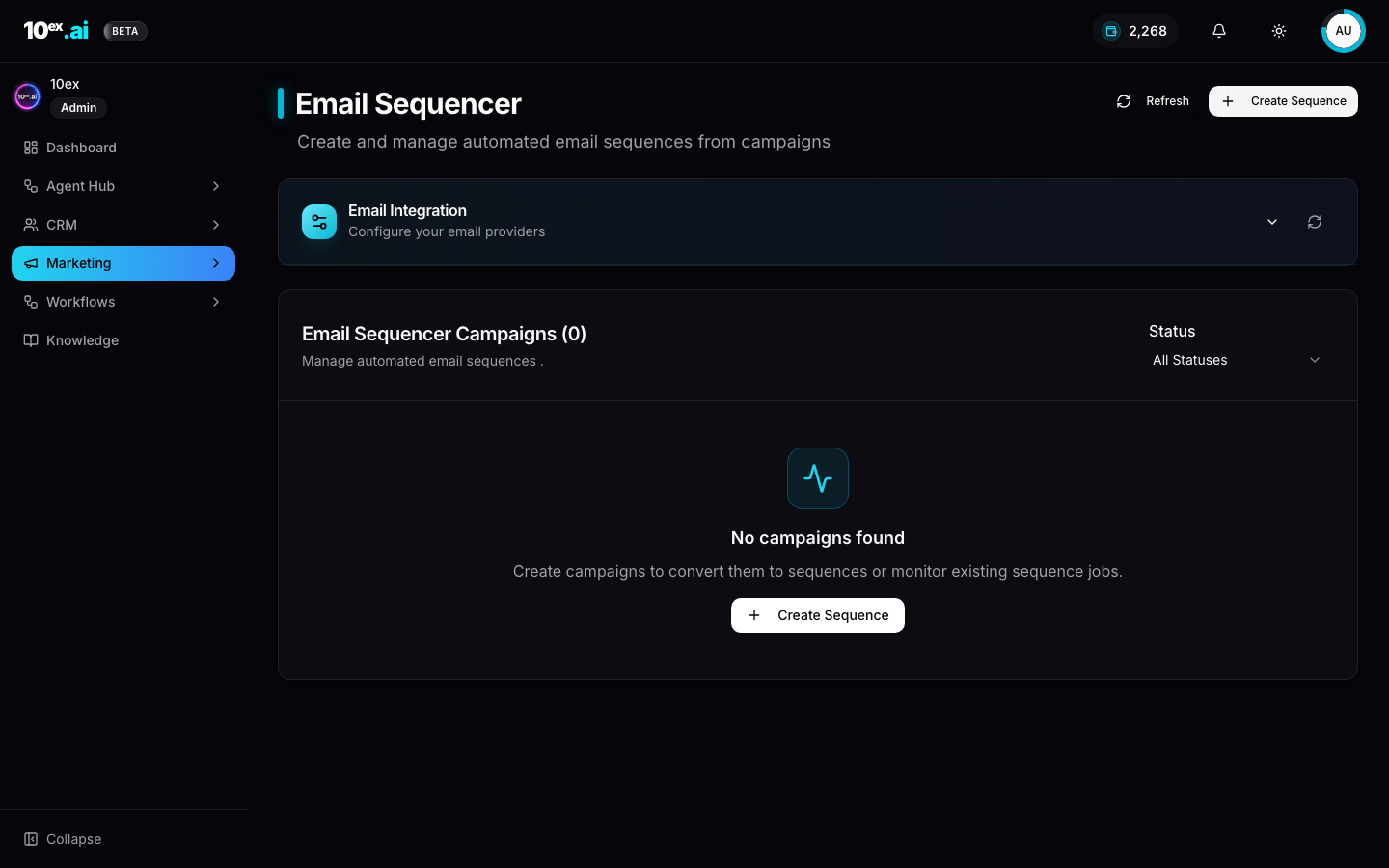 10ex Email Sequencer dashboard showing approved sequences from Nova ready to launch via Gmail or Outlook