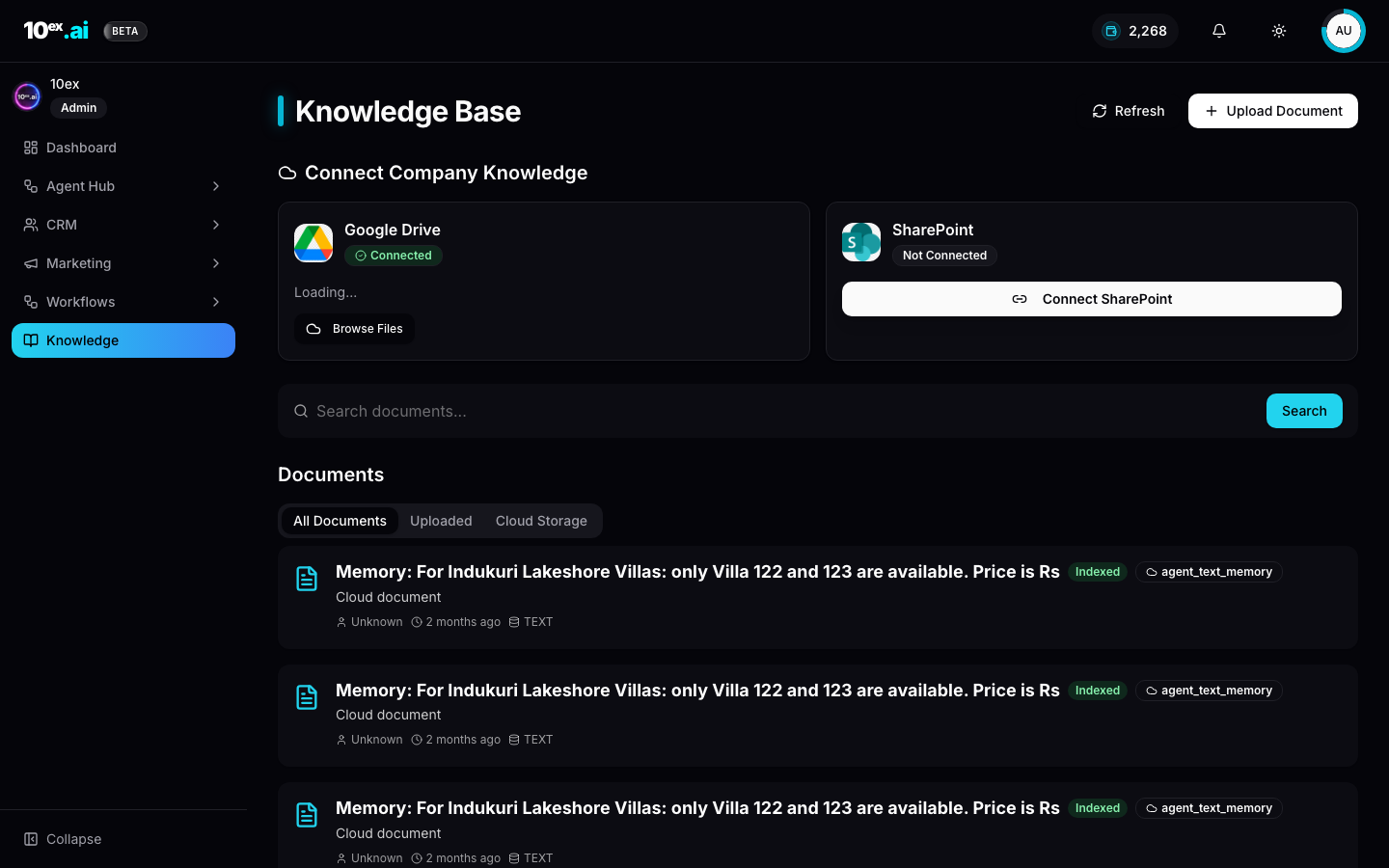 Knowledge Base page with Connect Company Knowledge tiles and Documents tabs for All, Uploaded, and Cloud Storage