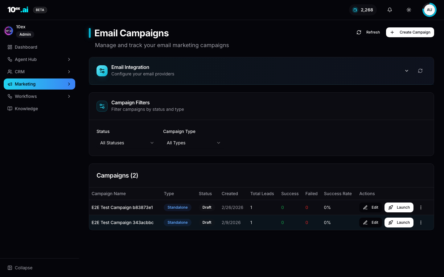 Email Campaigns page with Email Integration, Campaign Filters by Status and Type, and a Campaigns table