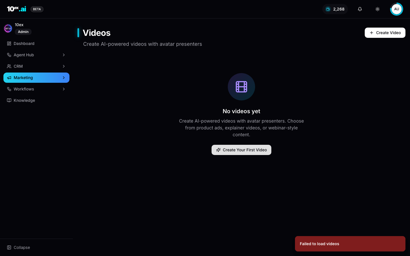 Videos page with empty state and Create Video CTA