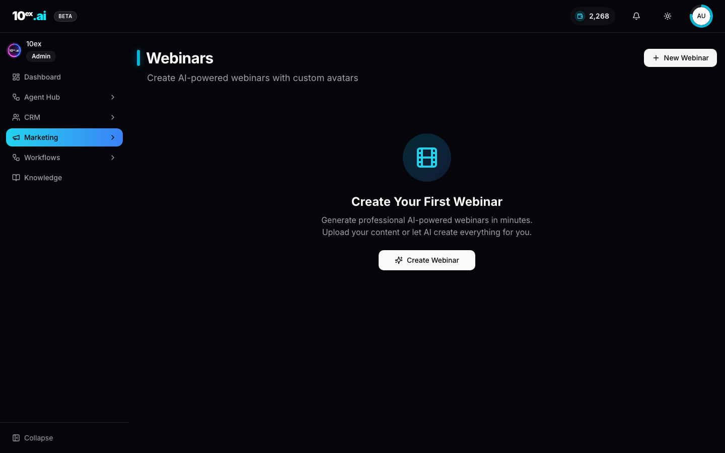 Marketing Webinars page showing scheduled and on-demand webinar runs