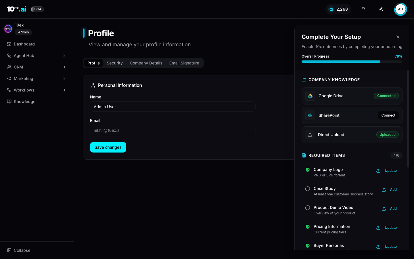 Profile page with Complete Your Setup drawer showing Required Items 4 of 6 and Connector Requirements 5 of 12