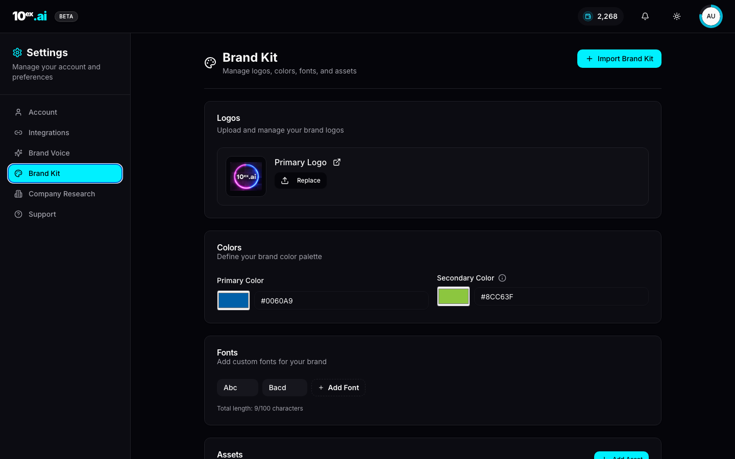 Settings Brand Kit panel showing Logos, Primary and Secondary Colors, Fonts, and uploaded Assets