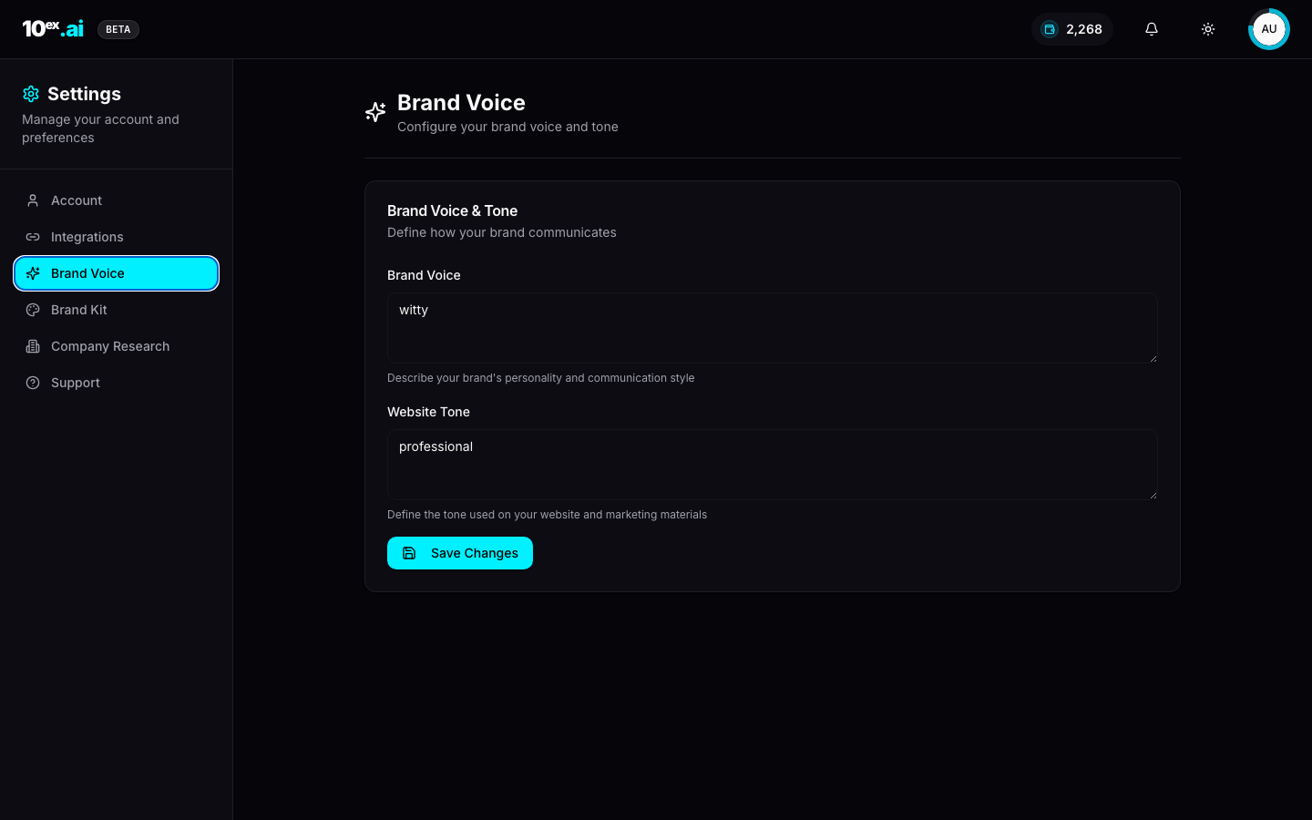 Settings Brand Voice panel with Brand Voice and Website Tone free-text fields