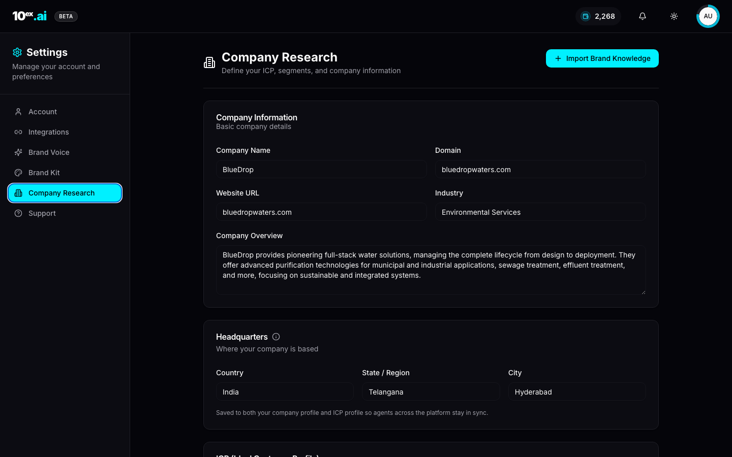 Settings Company Research panel with Company Information, Headquarters, ICP fields including Employee Count, Revenue, Growth Rate, Market Segments, and USPs