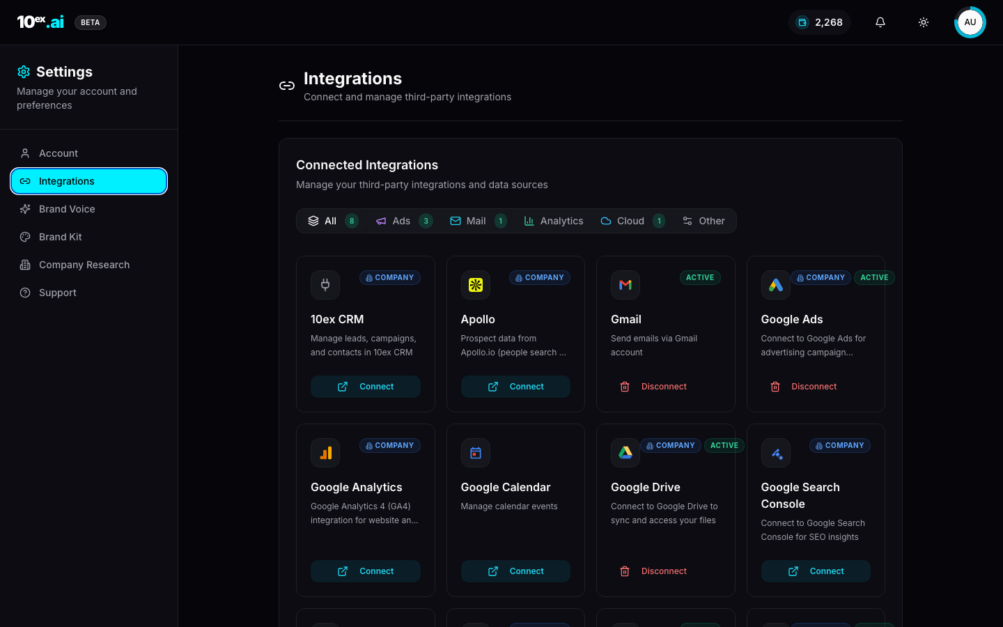 Settings Integrations page with tabs for All, Ads, Mail, Analytics, Cloud, Other and tiles for 18 providers