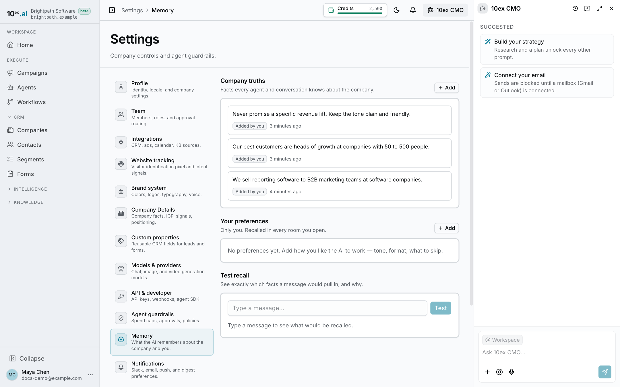 Settings, Memory, with company truths and your preferences