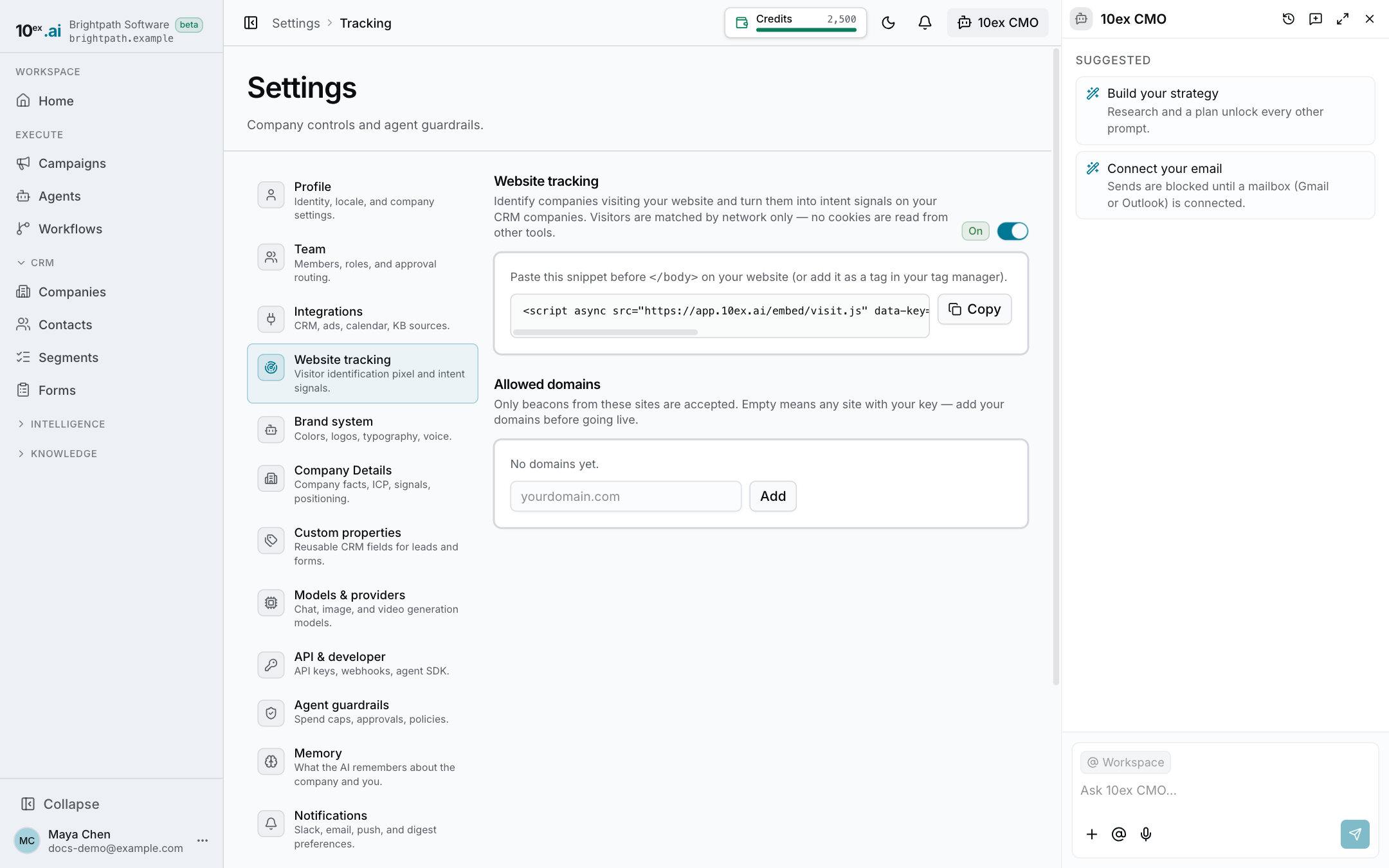 Settings, Website tracking, with the install snippet
