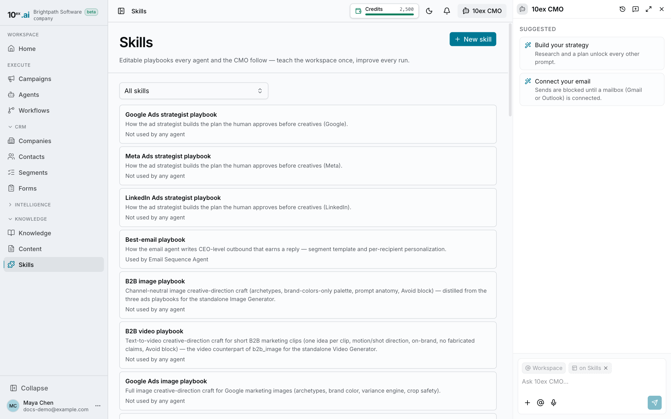 The Skills page listing the workspace playbooks