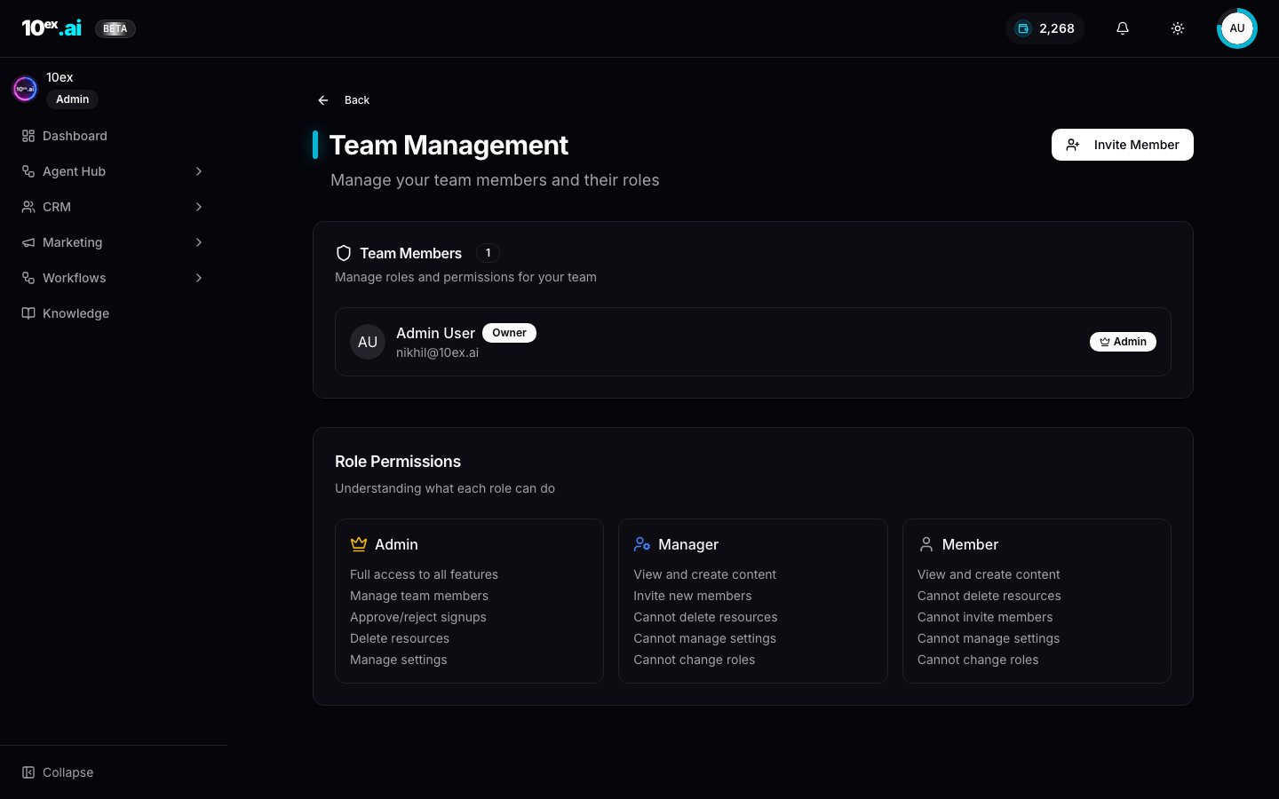 Team Management page with role permissions matrix for Admin, Manager, and Member