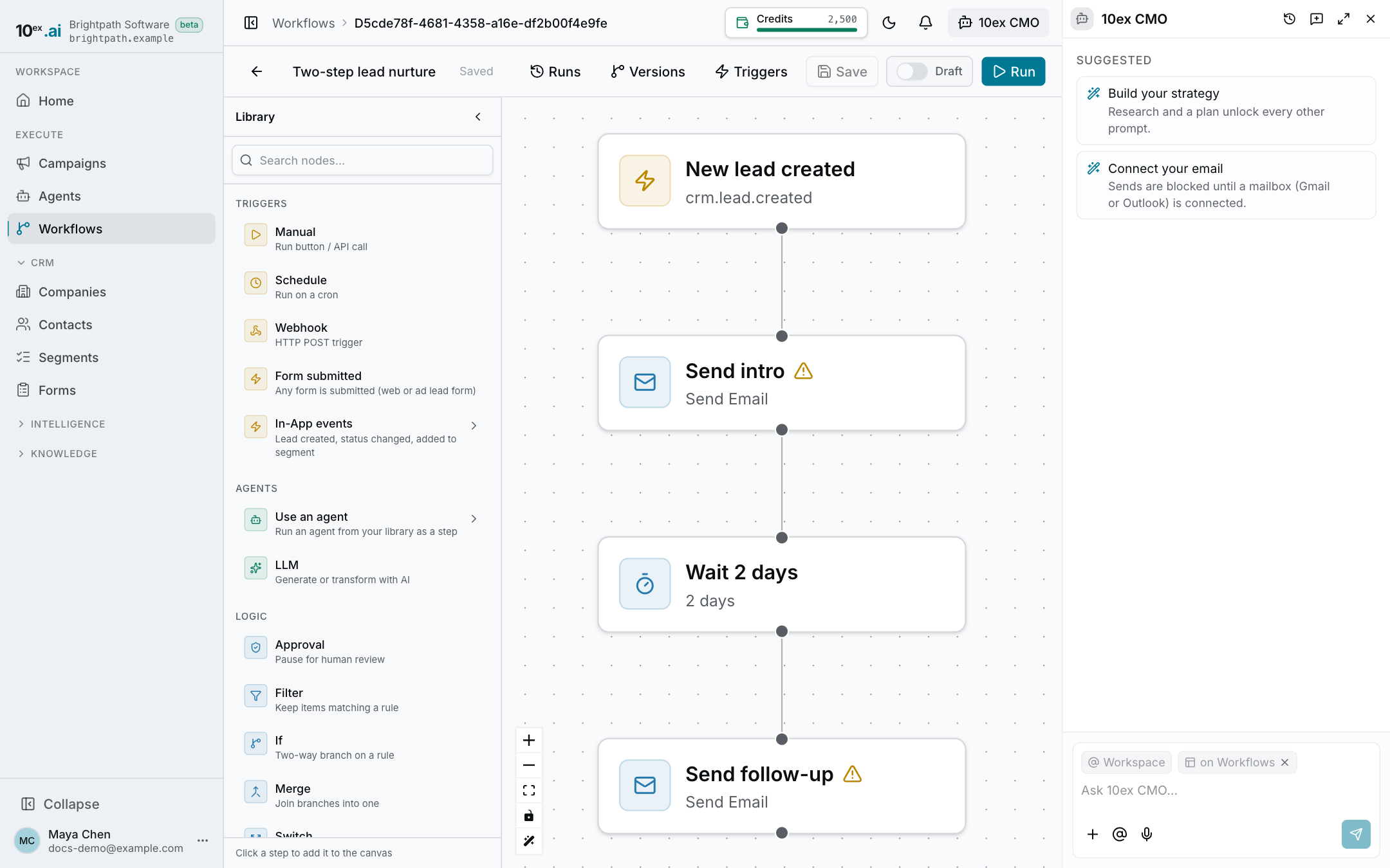 The workflow editor with a trigger, two emails and a wait step