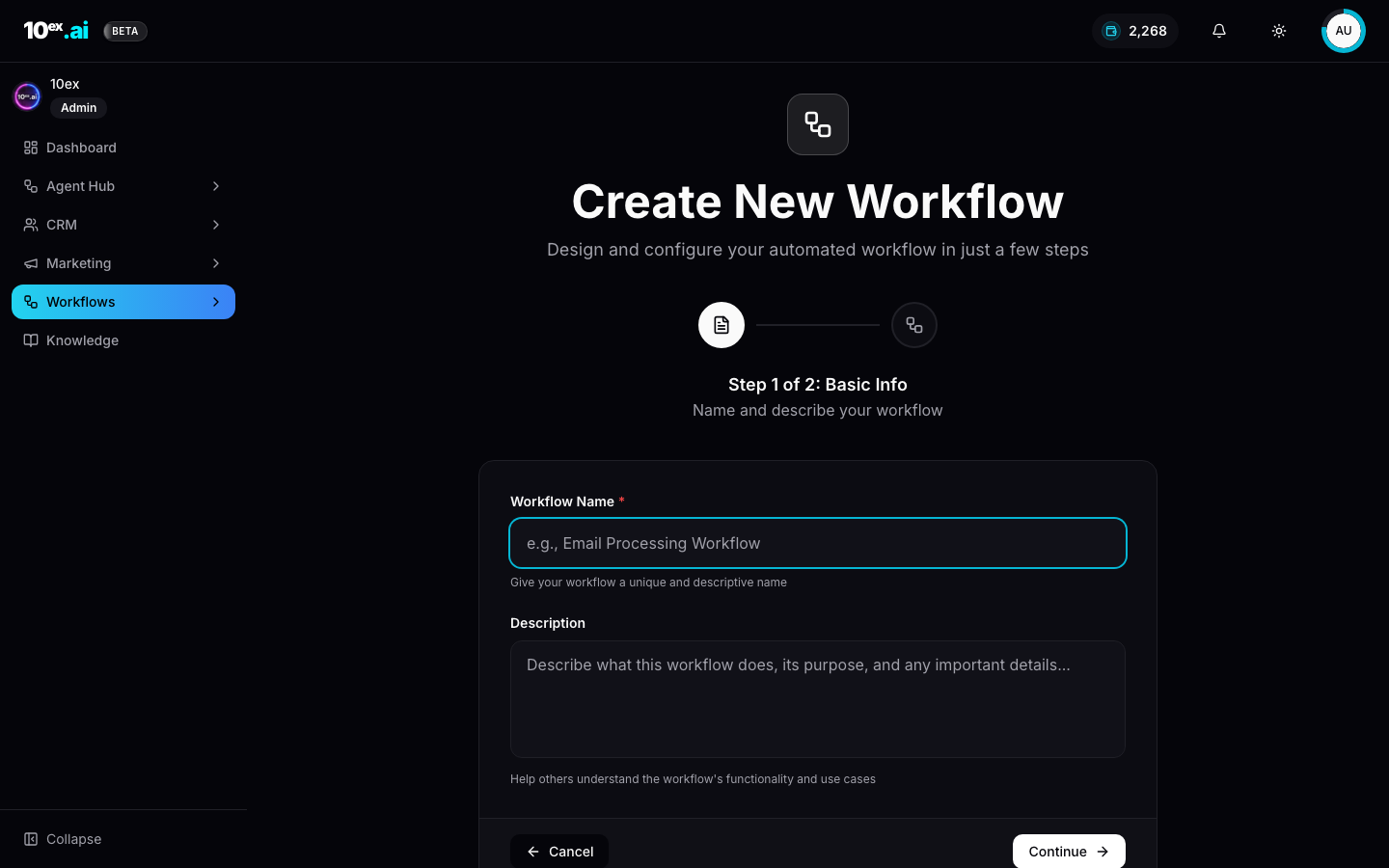Create New Workflow form with Name and Description fields and a Continue button