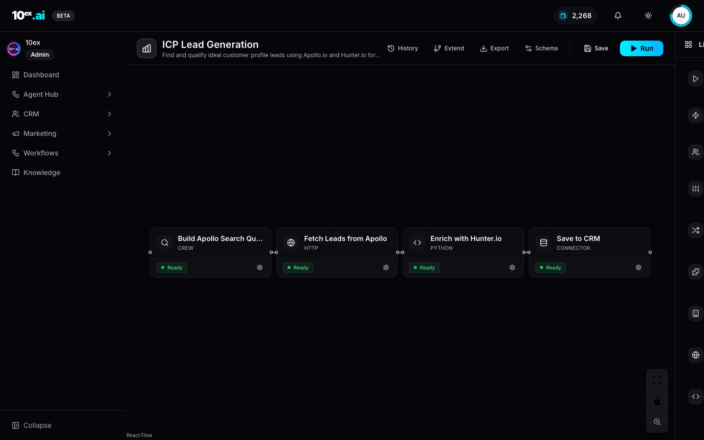 ICP Lead Generation workflow with four nodes: Build Apollo Search Query CREW, Fetch Leads HTTP, Enrich Hunter PYTHON, Save to CRM CONNECTOR