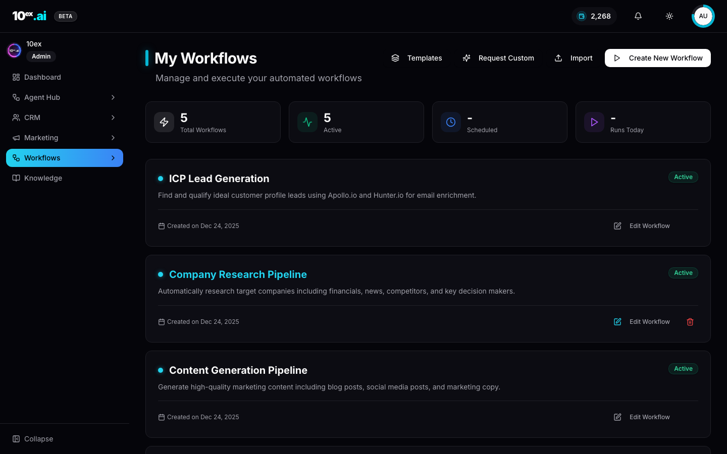 My Workflows page with counters Total, Active, Scheduled, Runs Today and active workflow tiles